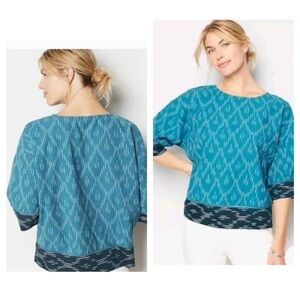 Pure Jill Ikat Color Block Square Sleeve Top Boxy Dragonfly Teal Size Medium